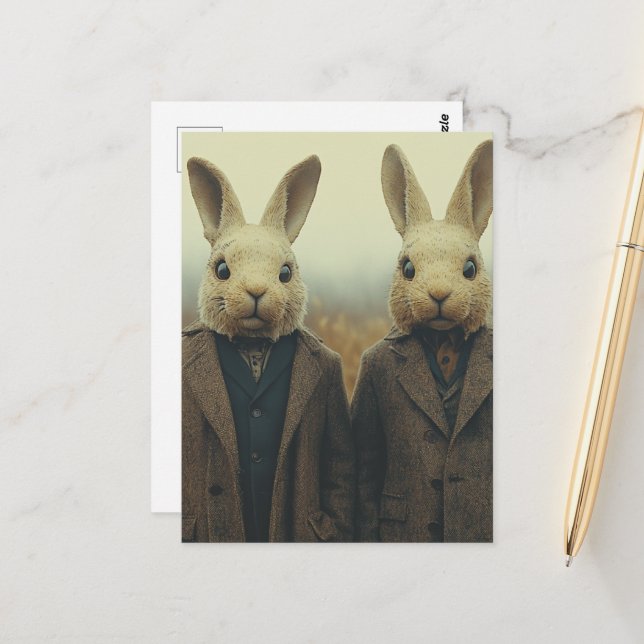 Two Rabbits in Suits in a Foggy Field Postcard (Front/Back In Situ)