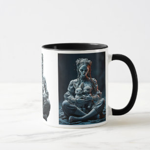 Two rabbits in the arms of a young girl. mug
