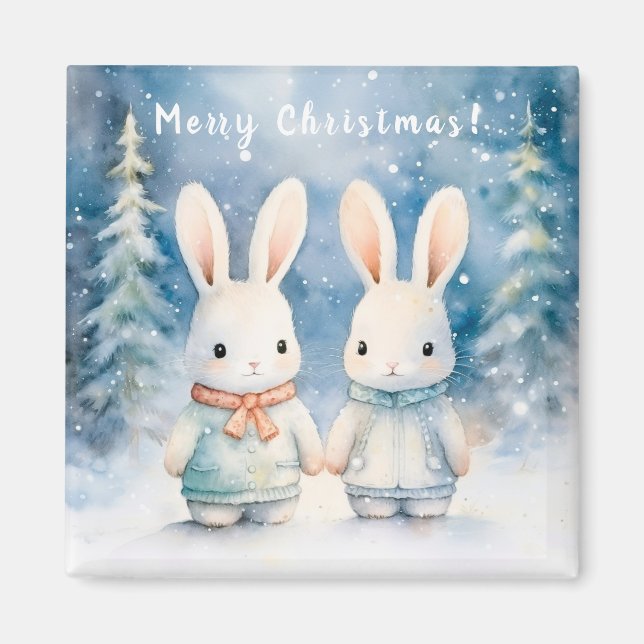 Two rabbits in the Christmas forest Magnet (Front)