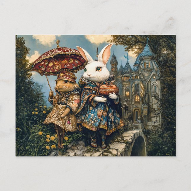 Two Rabbits on a Castle Bridge in Fantasy Scene Postcard (Front)