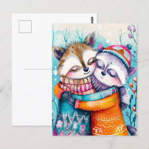 Two Raccoons Hugging in Winter Postcard