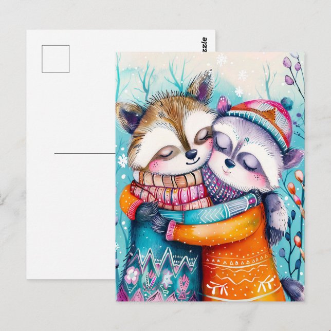 Two Raccoons Hugging in Winter Postcard (Front/Back)