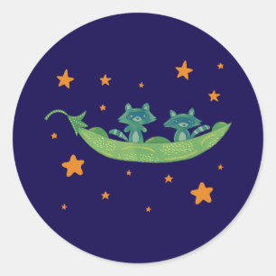 Two Raccoons in a Pea Pod   Whimsical Folk Art Classic Round Sticker