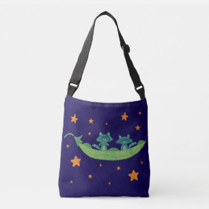 Two Raccoons in a Pea Pod Whimsical Folk Art Crossbody Bag