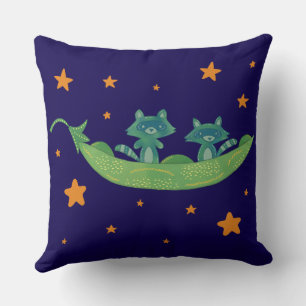 Two Raccoons in a Pea Pod Whimsical Folk Art Cushion