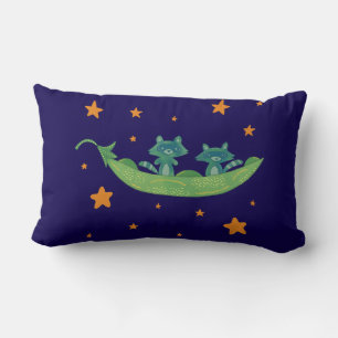Two Raccoons in a Pea Pod Whimsical Folk Art Lumbar Cushion