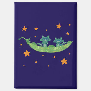 Two Raccoons in a Pea Pod   Whimsical Folk Art Magnet