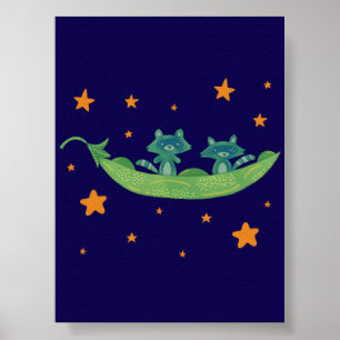 Two Raccoons in a Pea Pod Whimsical Folk Art Poster