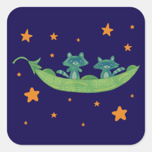 Two Raccoons in a Pea Pod   Whimsical Folk Art Square Sticker