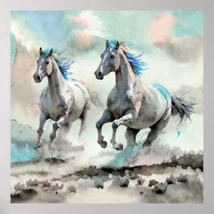 Two Racing Wild Horses Watercolour Poster