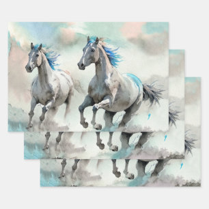 Two Racing Wild Horses Watercolour Wrapping Paper Sheet