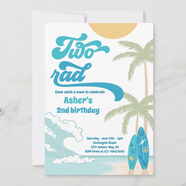 Two Rad Retro Surfboard Beach 2nd Birthday Party Invitation (Front)