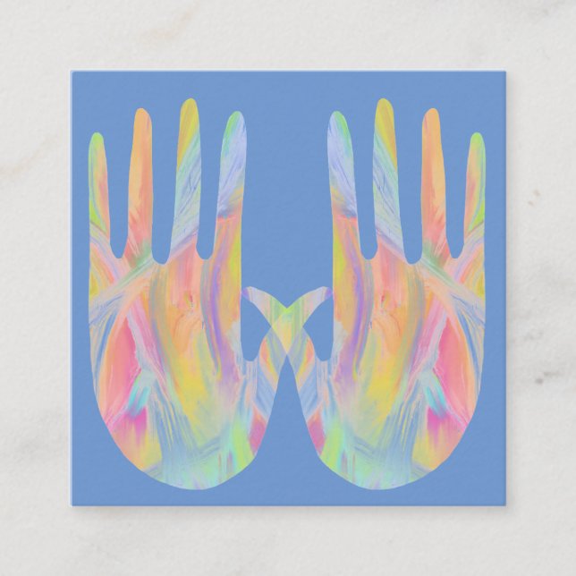 Two rainbow healing hands periwinkle square business card (Front)