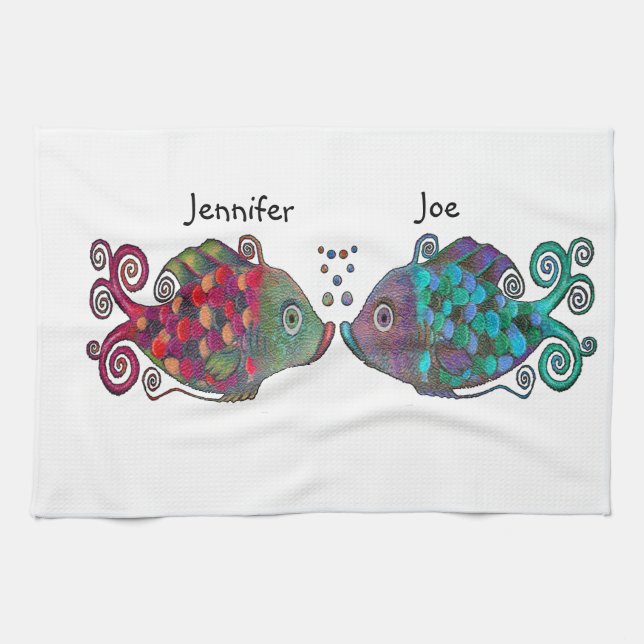 Two Rainbow Whimsical Fish Pair Couple Very Unique Tea Towel (Horizontal)
