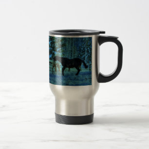 Two Ranch Horses Playfighting at Night in Winter Travel Mug