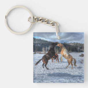 Two Ranch Horses Playfighting in Winter Snow IV Key Ring