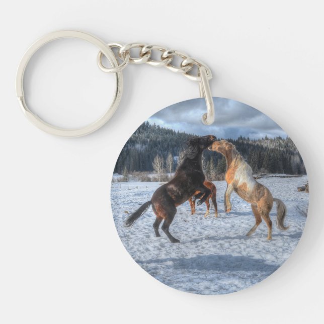 Two Ranch Horses Playfighting in Winter Snow IV Key Ring (Front)