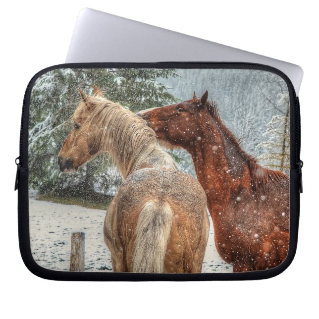 Two Ranch Horses Playing in Snow Equine Photo Laptop Sleeve (Front)