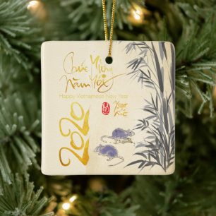 Two Rats Bamboo Vietnamese New Year 2020 SqCO Ceramic Ornament