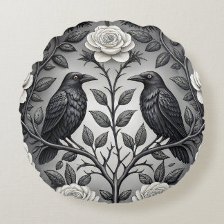 Two Ravens and White Roses Round Cushion