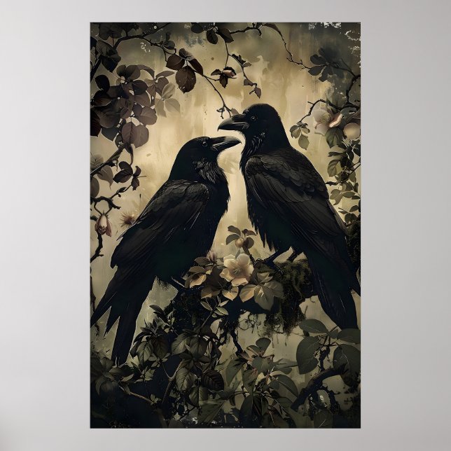 Two ravens in moody floral forest printable, crow poster (Front)