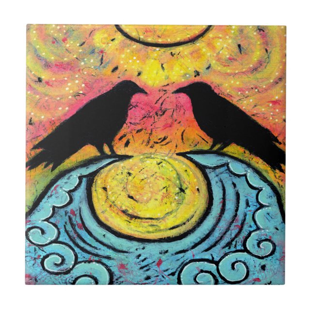 Two Ravens Sit & Reflect on the Waves Ceramic Tile (Front)