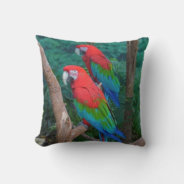 Two Red and Green Winged Macaws Ara Chloropterus Cushion (Front)