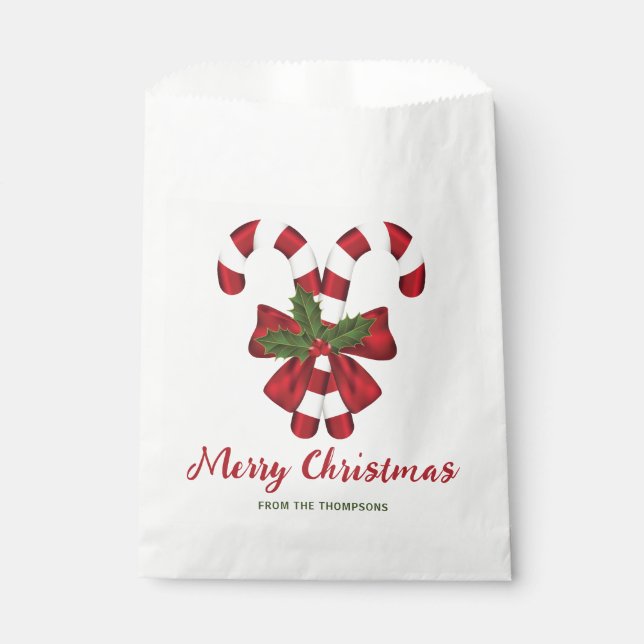 Two Red And White Festive Candy Canes With Text Favour Bag (Front)