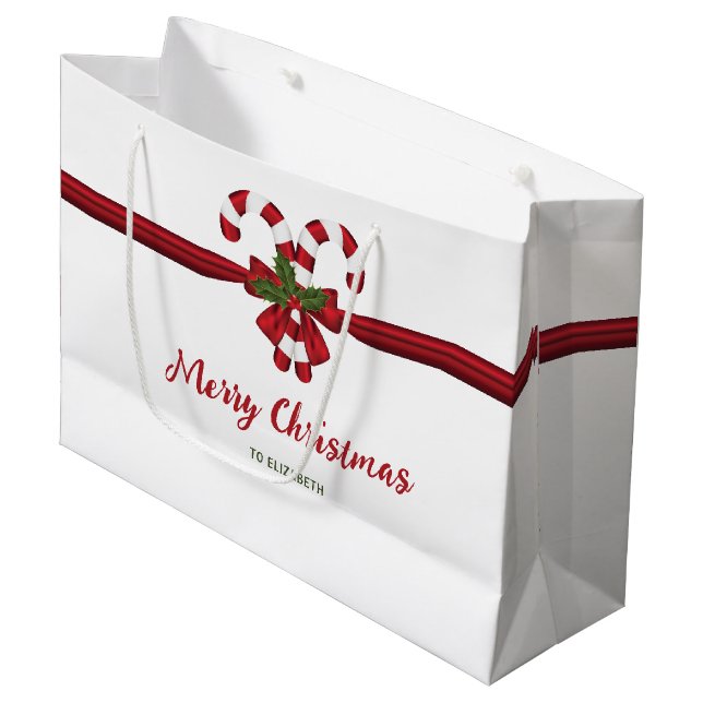 Two Red And White Festive Candy Canes With Text Large Gift Bag (Front Angled)