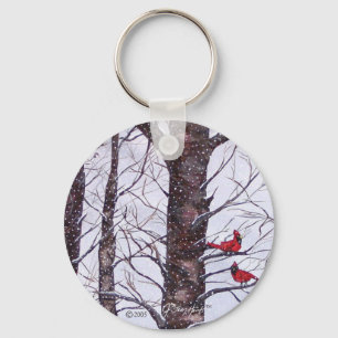 Two Red Birds In Winter Key Ring
