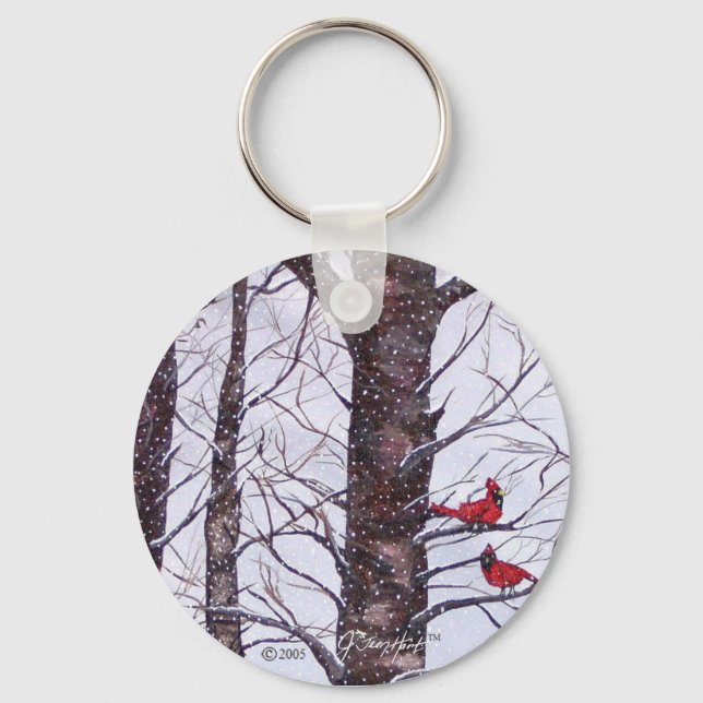 Two Red Birds In Winter Key Ring (Front)