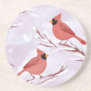 Two Red Cardinals   Watercolor Painting Coaster