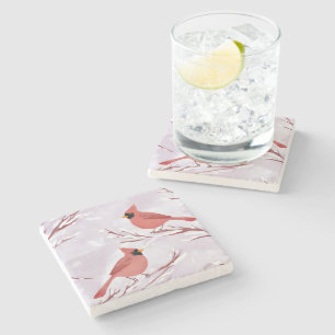 Two Red Cardinals   Watercolor Painting Stone Coaster