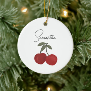 Two Red Cherries Illustration   Cute Fruit Art  Ceramic Ornament