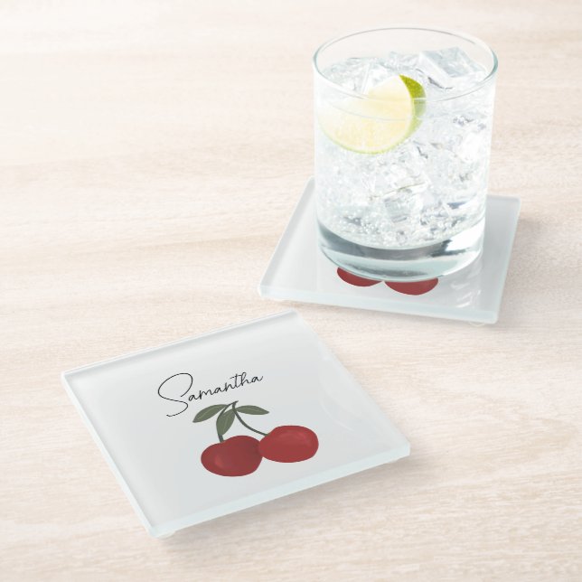 Two Red Cherries Illustration | Cute Fruit Art  Glass Coaster (Angled)