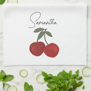 Two Red Cherries Illustration Cute Fruit Art Tea Towel