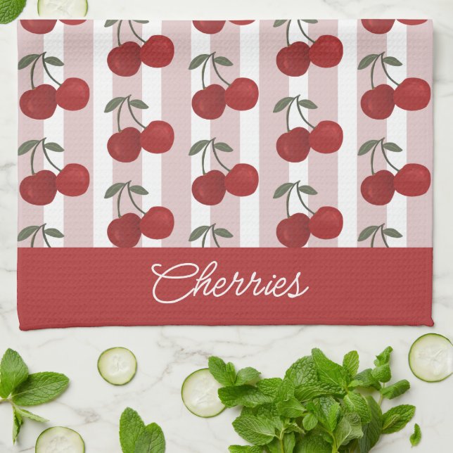 Two Red Cherries Illustration | Cute Fruit Art  Tea Towel (Folded)