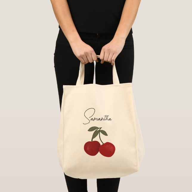 Two Red Cherries Illustration | Cute Fruit Art  Tote Bag (Front (Product))