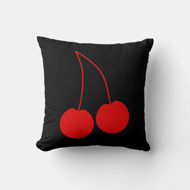 Two Red Cherries on Black. Cushion (Front)