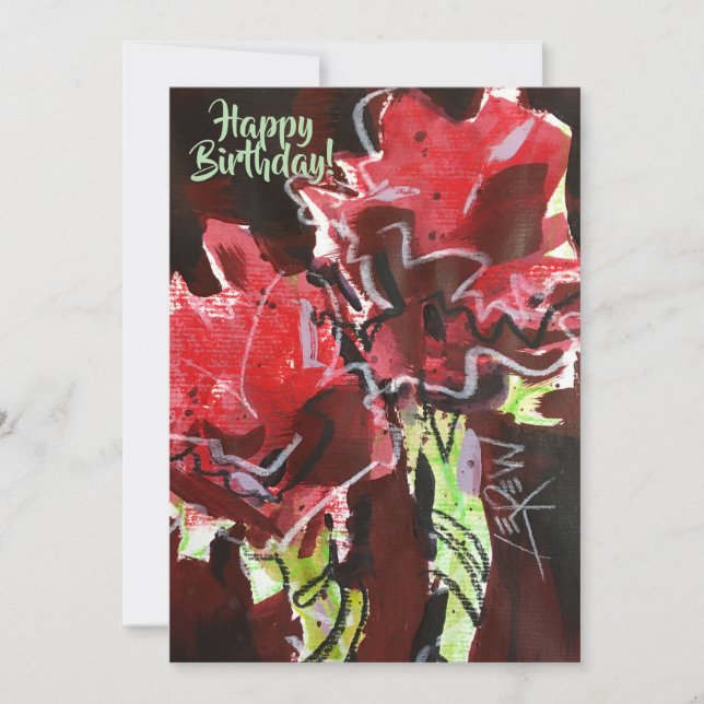 Two Red Flowers Crayon Resist by Larry Lerew  Card (Front)