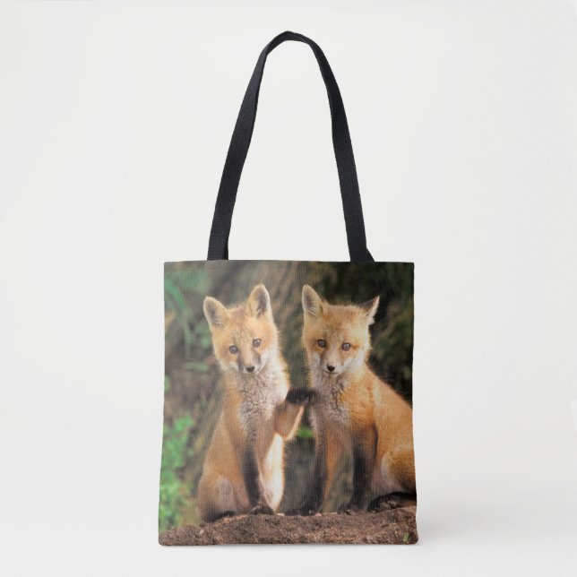 Two Red Fox Pups in Front of Their Den Tote Bag (Front)