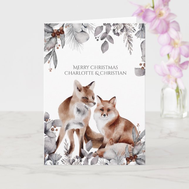 Two Red Foxes Personalised Christmas Card (Orchid)