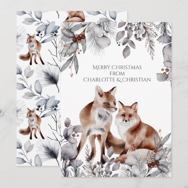 Two Red Foxes Personalised Christmas Card (Front/Back)