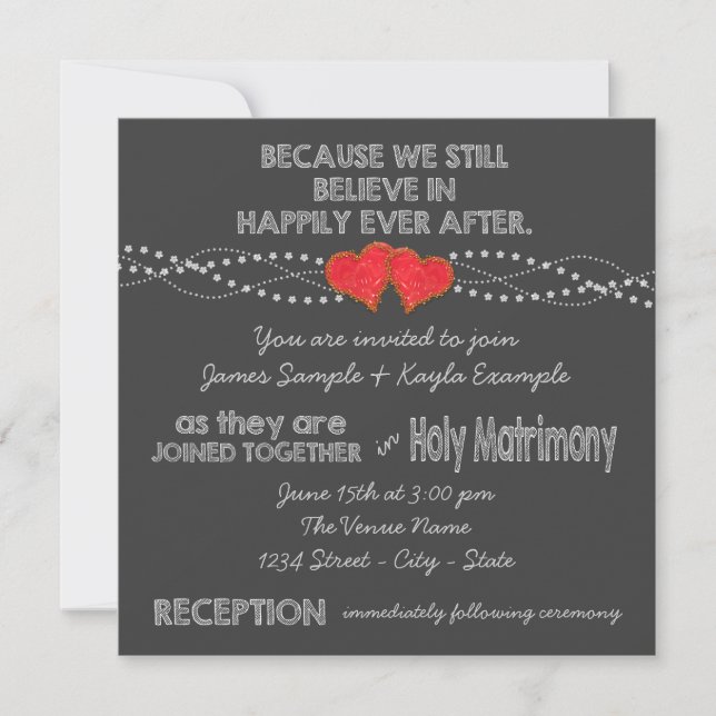 Two Red Hearts Chalk Wedding Invitation (Front)