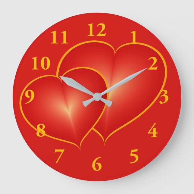 Two Red Hearts, Modern Digital Art Graphic Large Clock (Front)