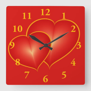 Two Red Hearts, Modern Digital Art Graphic Square Wall Clock