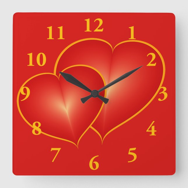Two Red Hearts, Modern Digital Art Graphic Square Wall Clock (Front)
