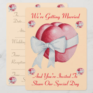 two red hearts tied with white bow wedding invitation