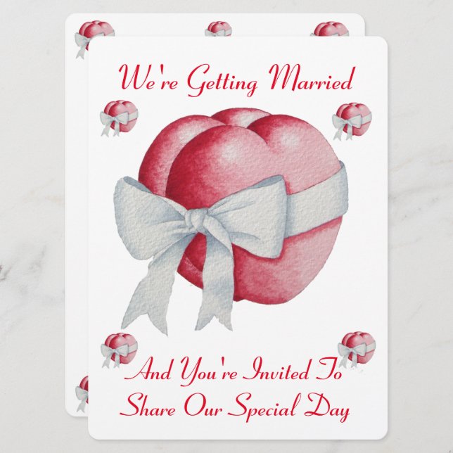 two red hearts with white bow wedding invitation (Front/Back)