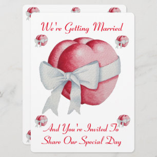 two red hearts with white bow wedding invitation